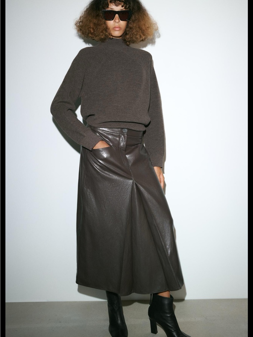 ZW Collection Zara Faux Leather Pleated Midi Skirt